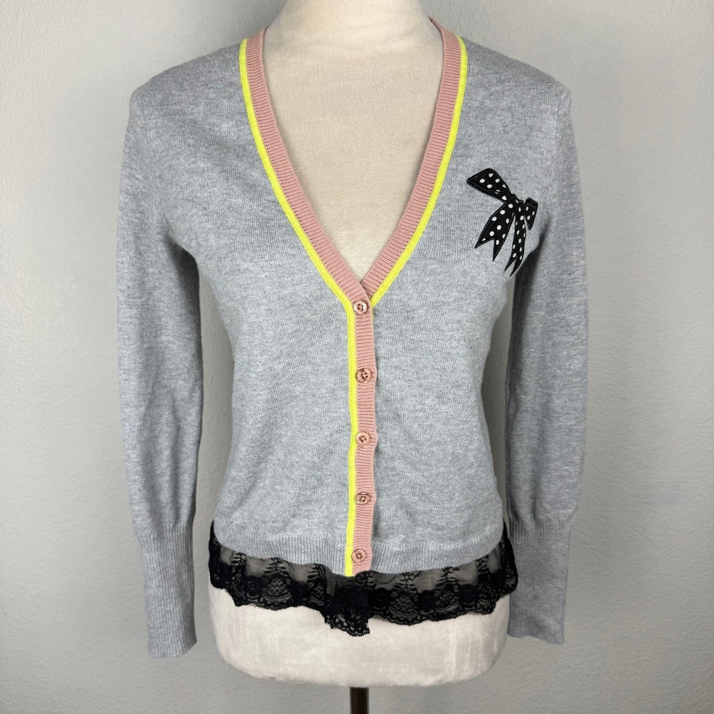 Princess Vera Wang Gray Lace Hem Bow Cardigan Pink & Yellow Trim Size Medium